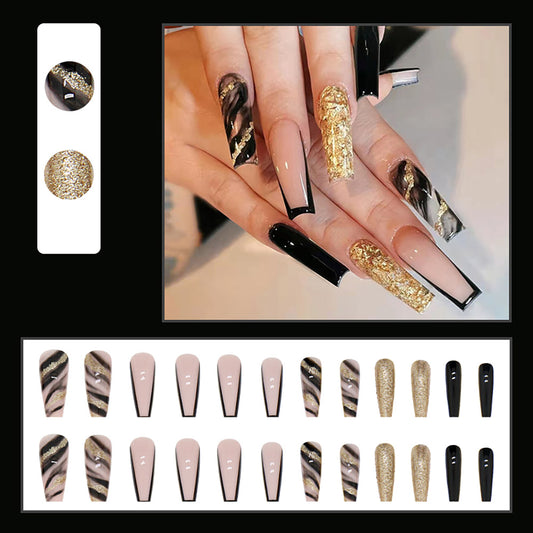 NAIL16 Long Charming Golden Black Pink Wearable Fake Nails Press on Square Head Wear Armor