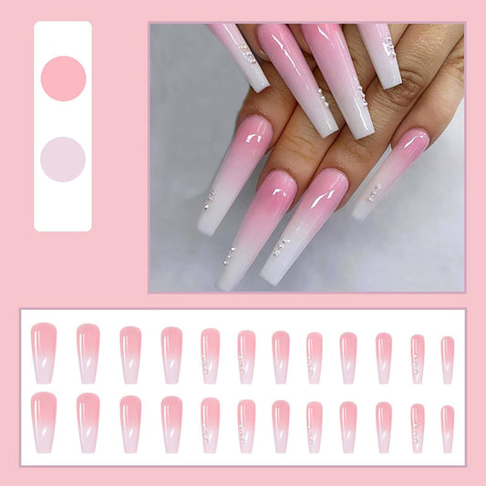 NAIL18 Long Charming White&Pink Wearable Fake Nails Press on Square Head Wear Armor