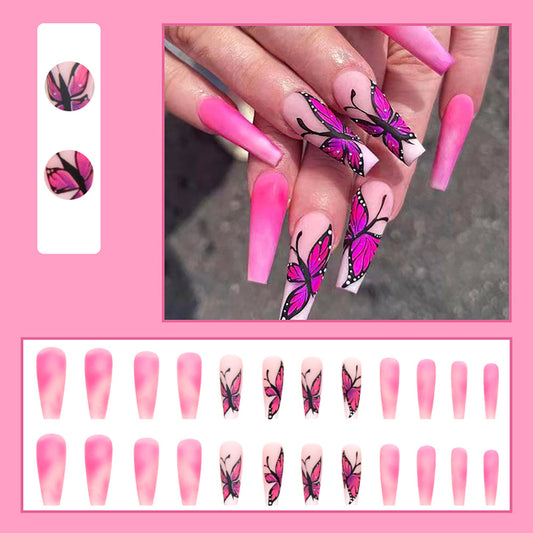 NAIL14 Long Charming Pink Butterfly Wearable Fake Nails Press on Square Head Wear Armor