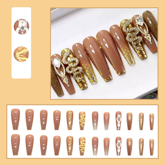 NAIL15 Long Charming Brown Wearable Fake Nails Press on Square Head Wear Armor