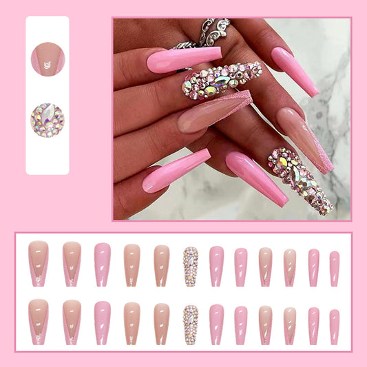 NAIL17 Long Charming Diamond Pink Wearable Fake Nails Press on Square Head Wear Armor