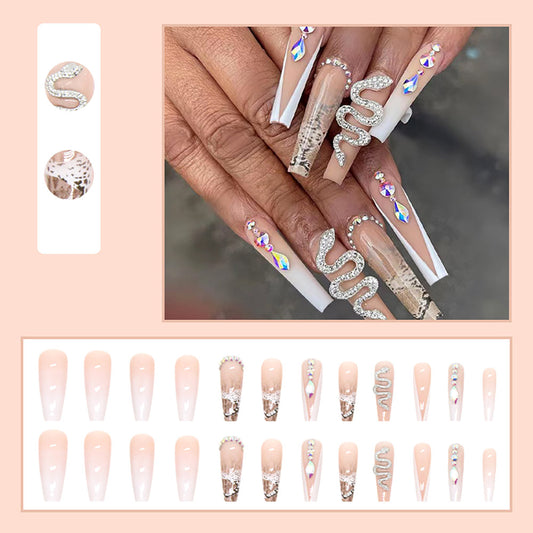 NAIL20 Long Charming Light Pink Diamond Wearable Fake Nails Press on Square Head Wear Armor