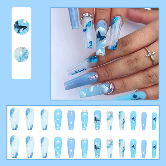 NAIL11 Long Charming Black Ballet Wearable Fake Nails Press on Square Head